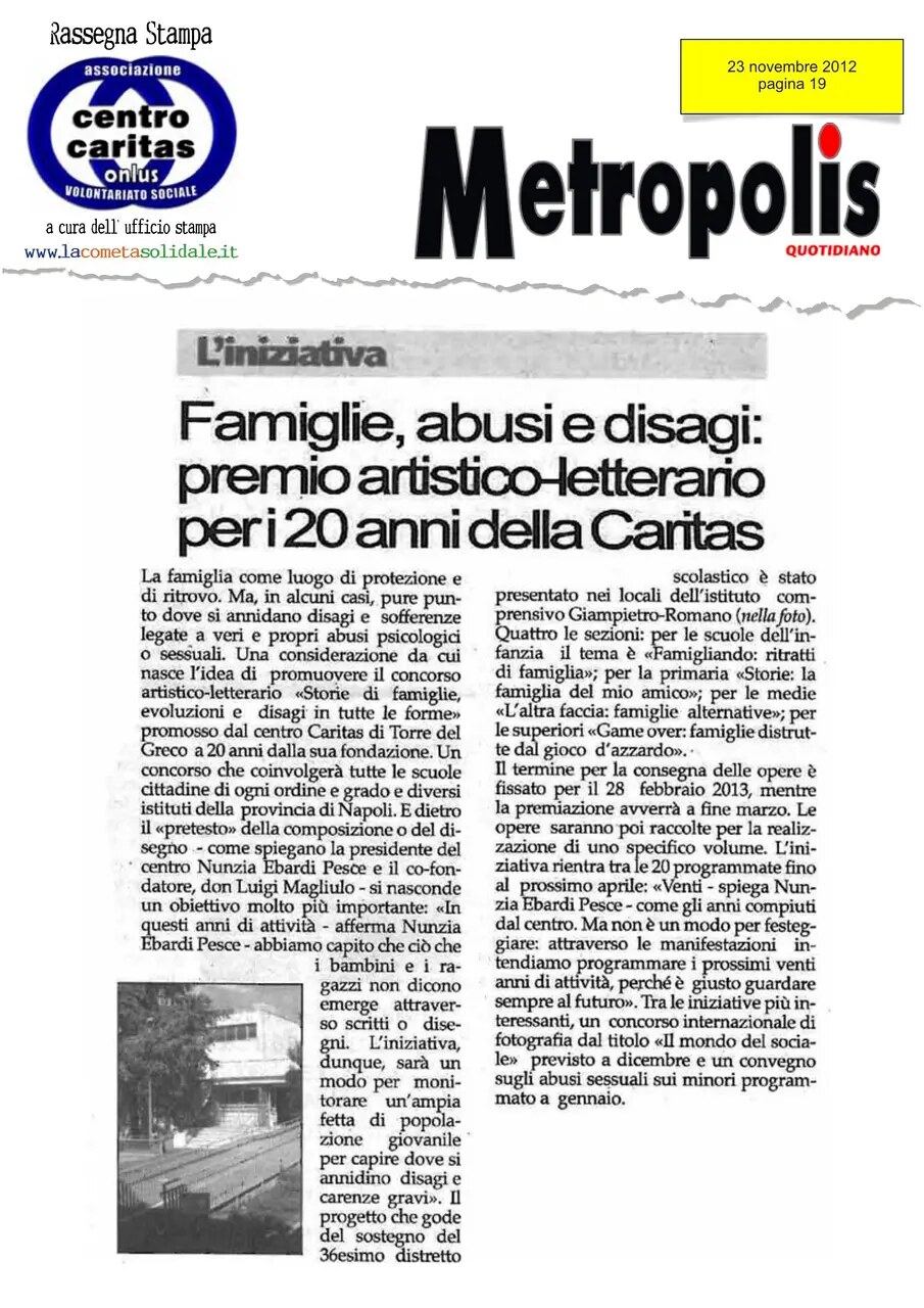 Anteprima: Famiglie, abusi e disagi: premio artistico-letterario per i vent’anni della Caritas