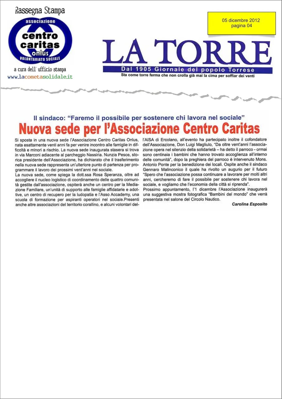 Anteprima: Nuova sede per l’Associazione Centro Caritas