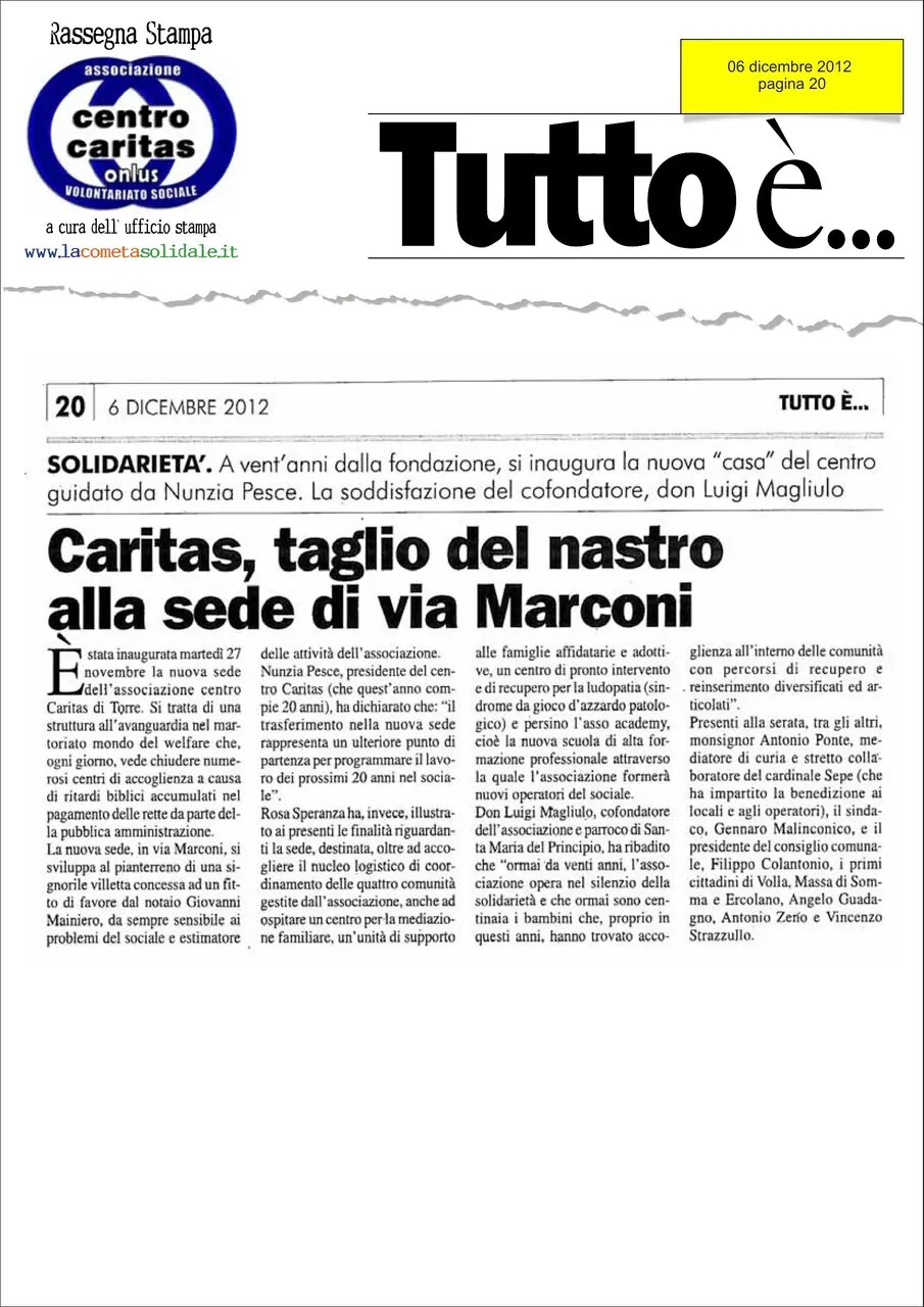 Anteprima: Caritas, taglio del nastro alla sede di via Marconi