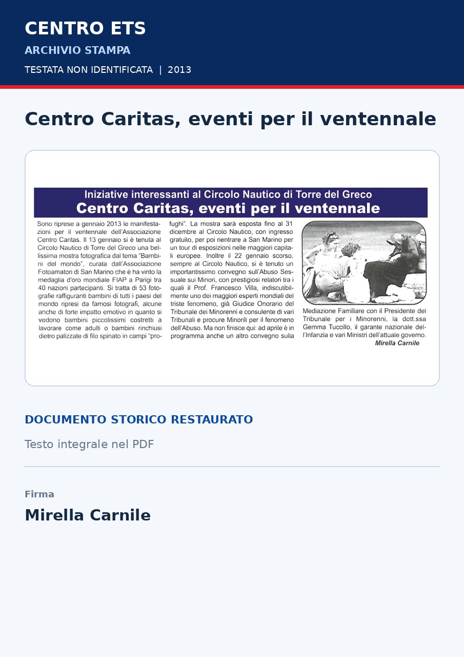 Anteprima: Centro Caritas, eventi per il ventennale