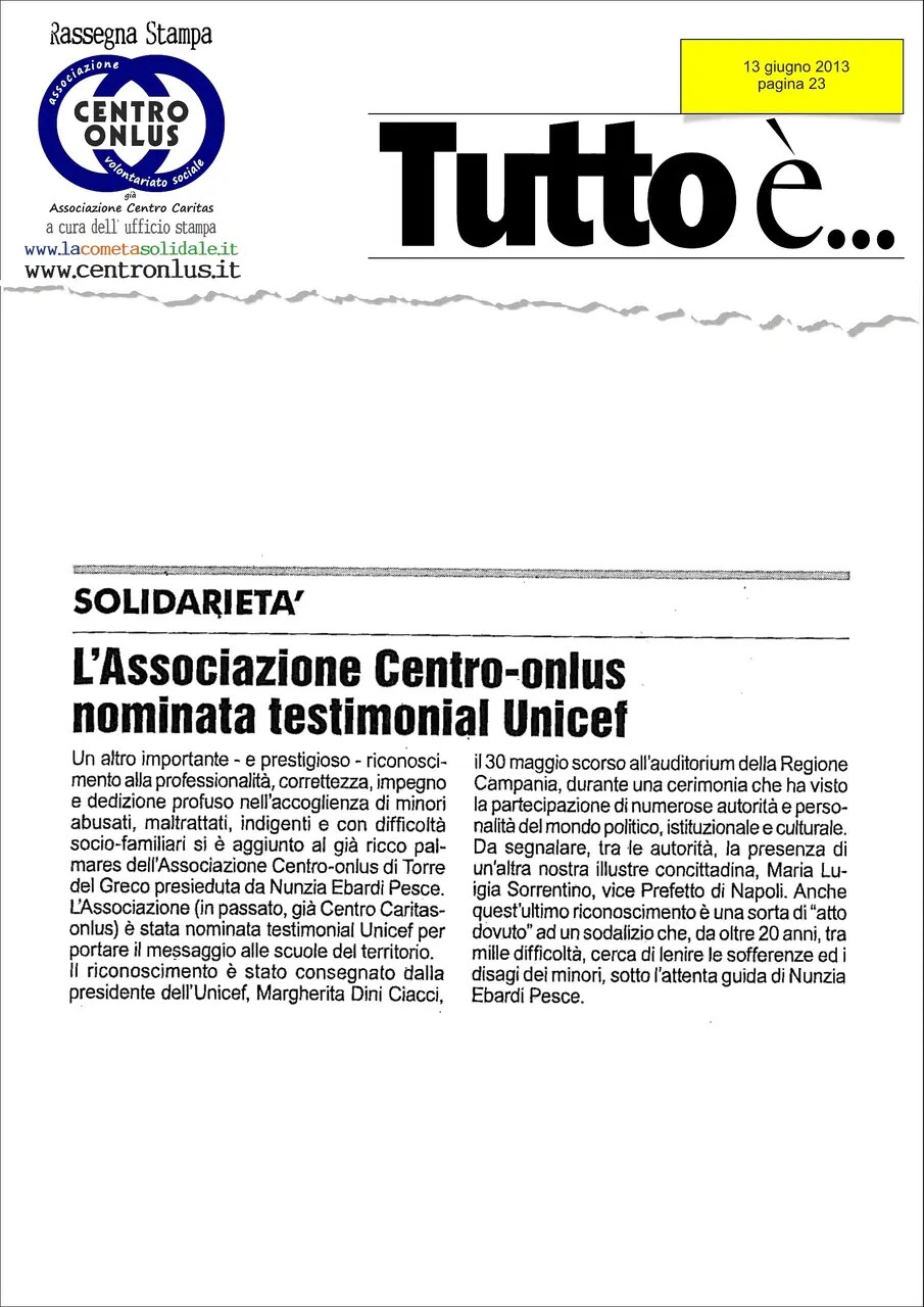 Anteprima: L’Associazione Centro Onlus nominata testimonial UNICEF