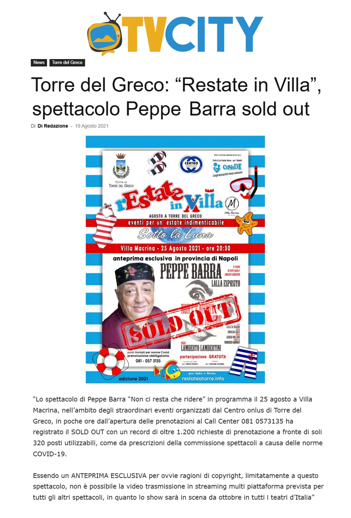 Anteprima: Restate in Villa: spettacolo di Peppe Barra sold out