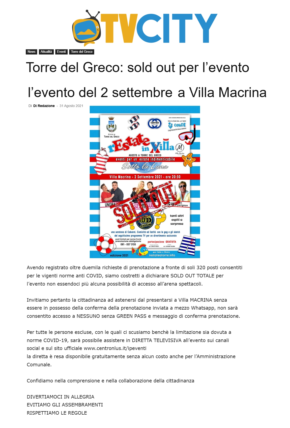 Anteprima: Restate in Villa: sold out per l’evento del 2 settembre a Villa Macrina